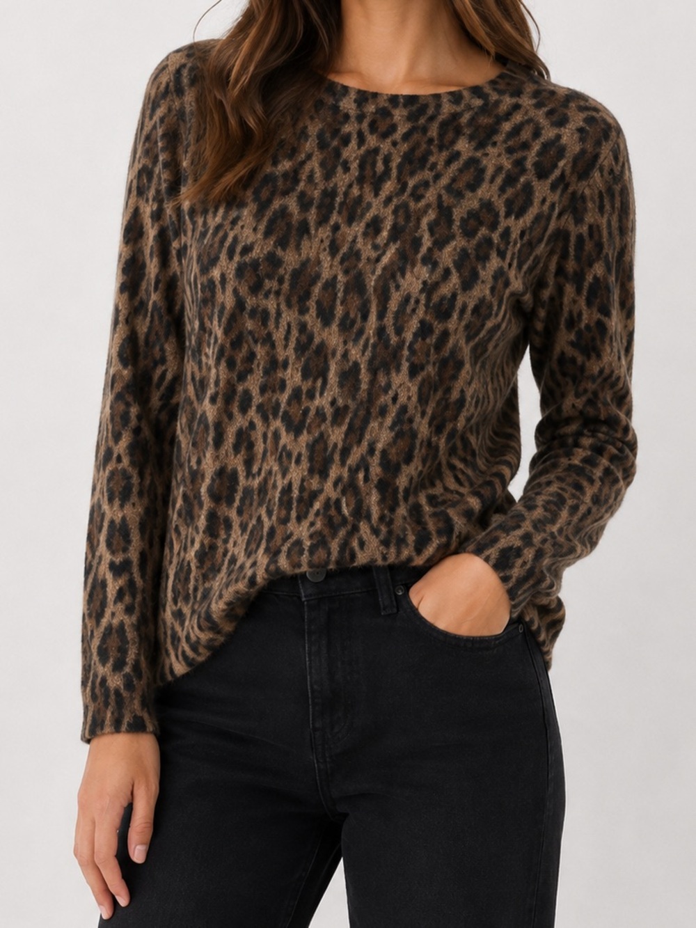 Saks Fifth Avenue 100% Cashmere Leopard Print Sweater Brown Black Medium